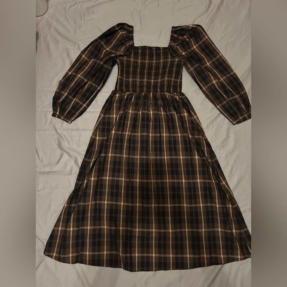 J Crew plaid print smocked midi dress in brown black Size XS - Picture 8 of 12